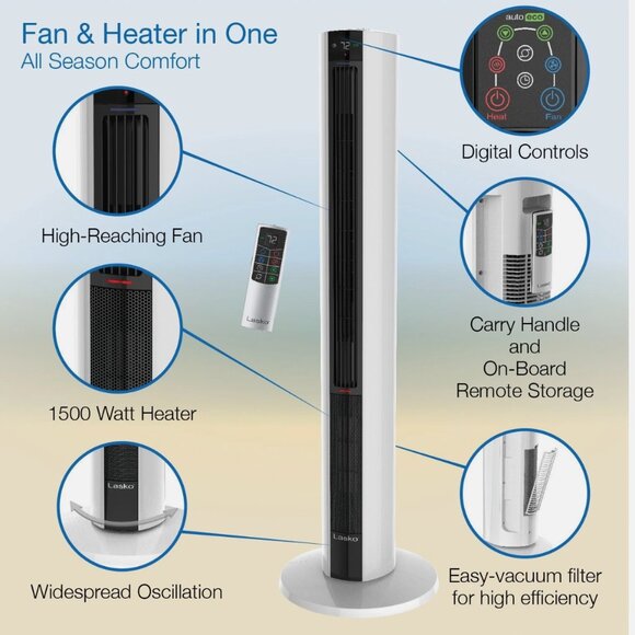 Lasko 42" All Season Tower Fan + Space Heater, Adjustable Thermostat Remote. NEW - Picture 5 of 10